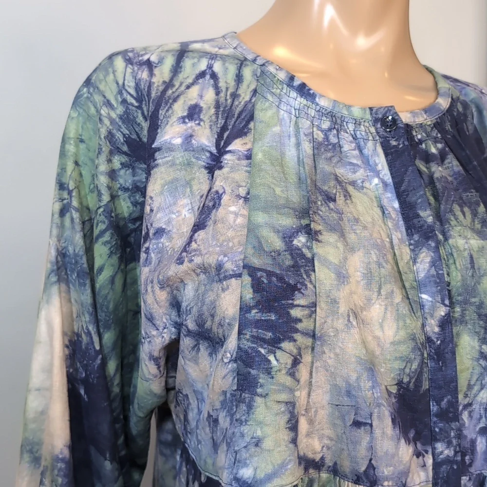 NEW Cabi Woodstock Blue Green Tie Dye Linen Babydoll Top Tunic Size Medium - Picture 3 of 14